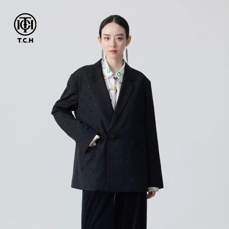 轻奢-国风盘扣烫钻满印LOGO休闲气质气场强大西服外套T72C046017