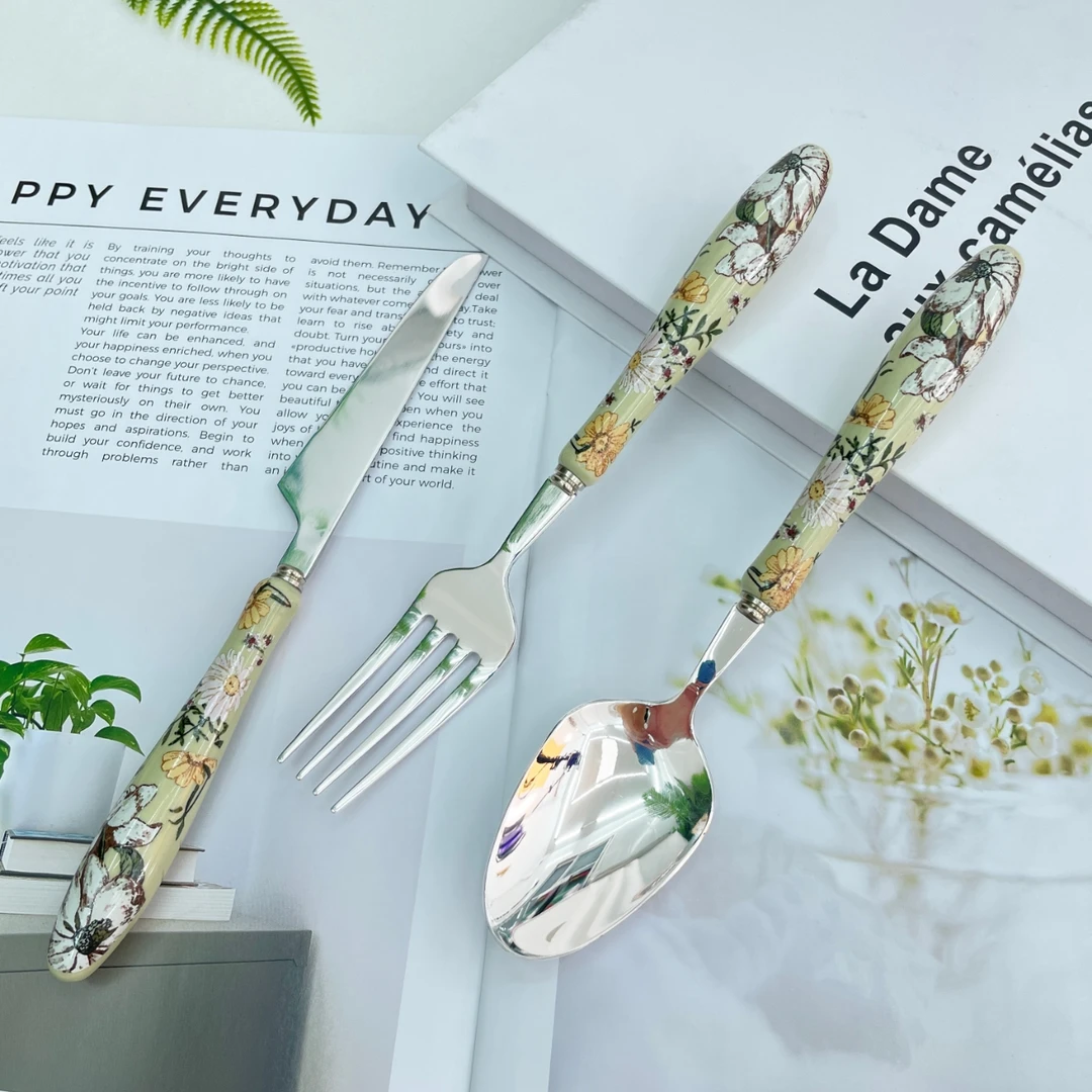 法式复古手工贴花小雏菊陶瓷手柄+SUS304勺叉餐具