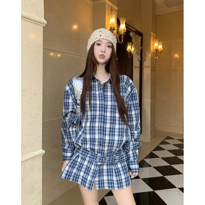 复古格纹polo领长袖衬衫外套女春季设计感宽松衬衣中长款开衫上衣