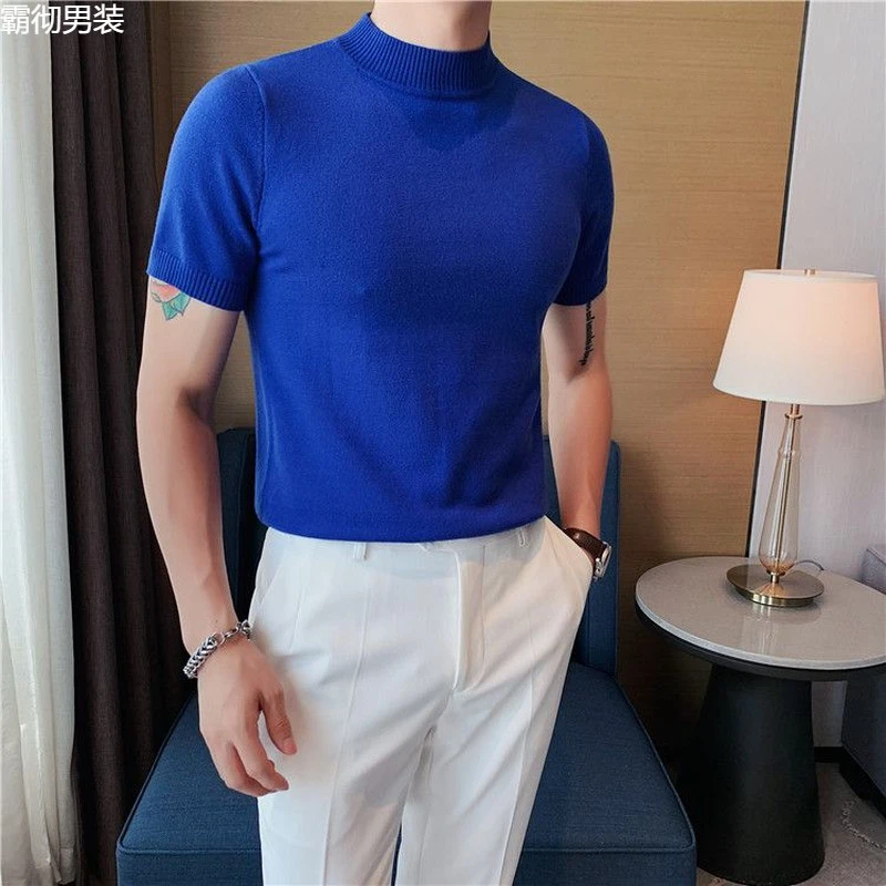 打底衫领半高领短袖内搭男士紧身帅气时尚针织衫线衣修身纯色男装