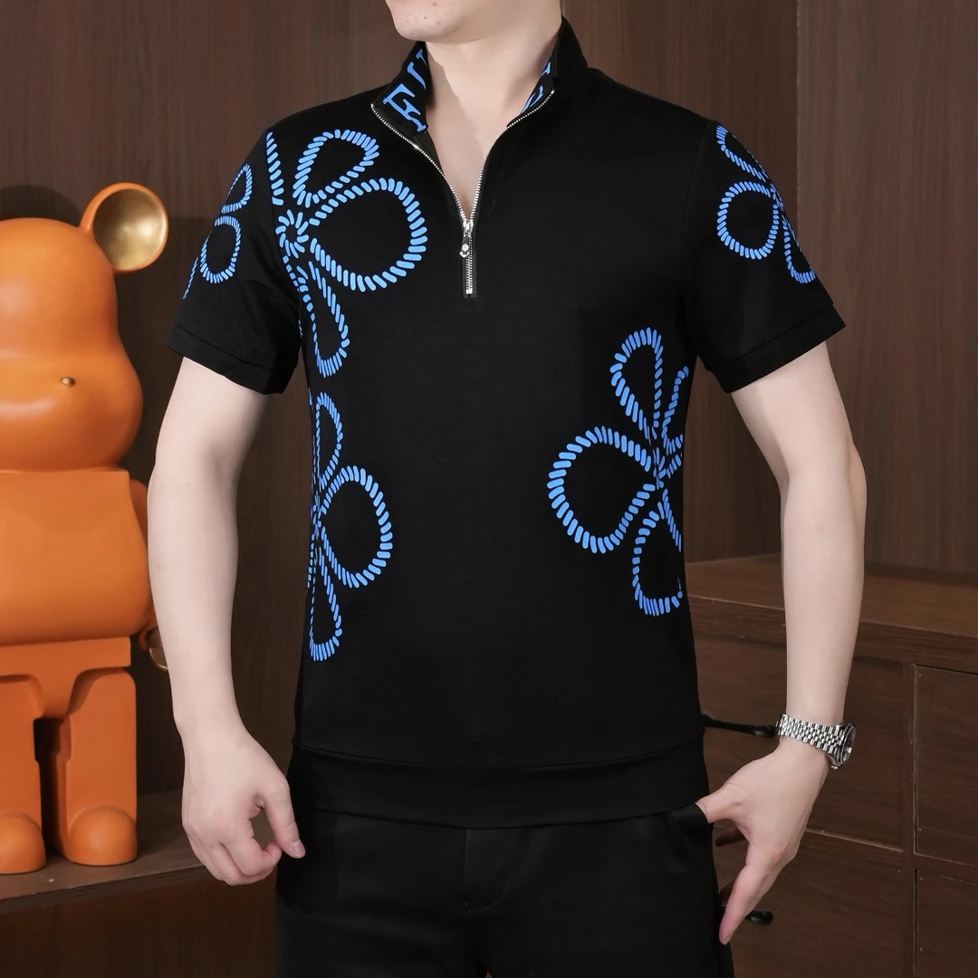 2025夏季男士POLO衬衫短袖时尚休闲薄款帅气图案拉链翻领百搭