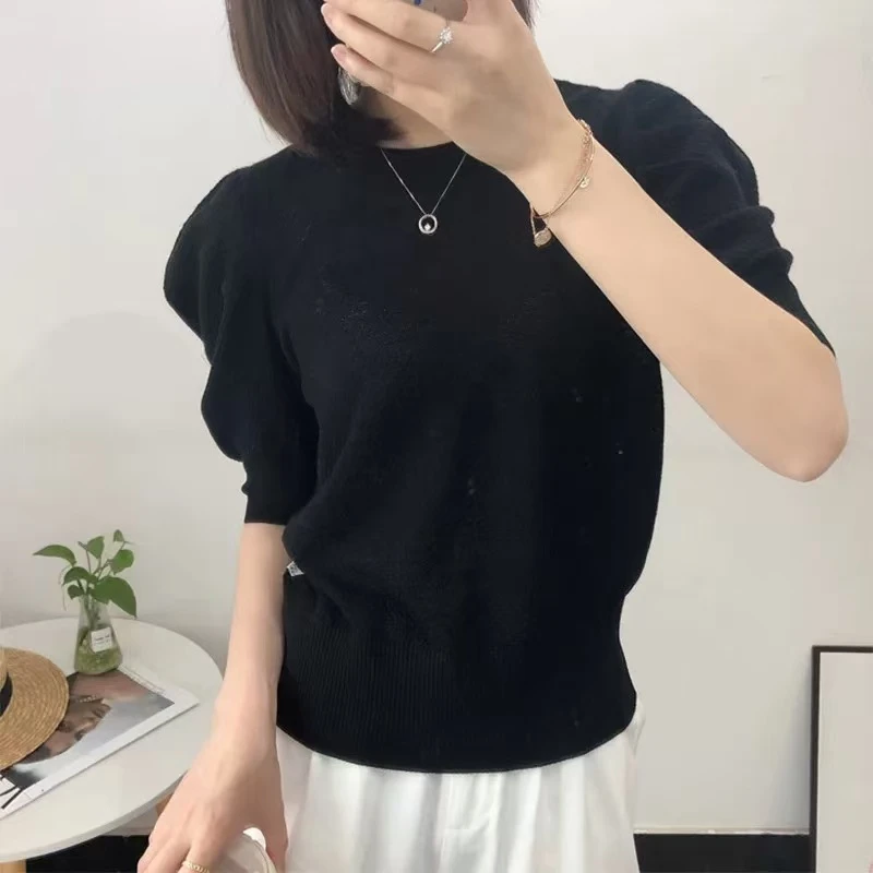 9936 针织衫t恤女夏2025韩版泡泡袖百搭短袖减龄宽松圆领薄款上衣
