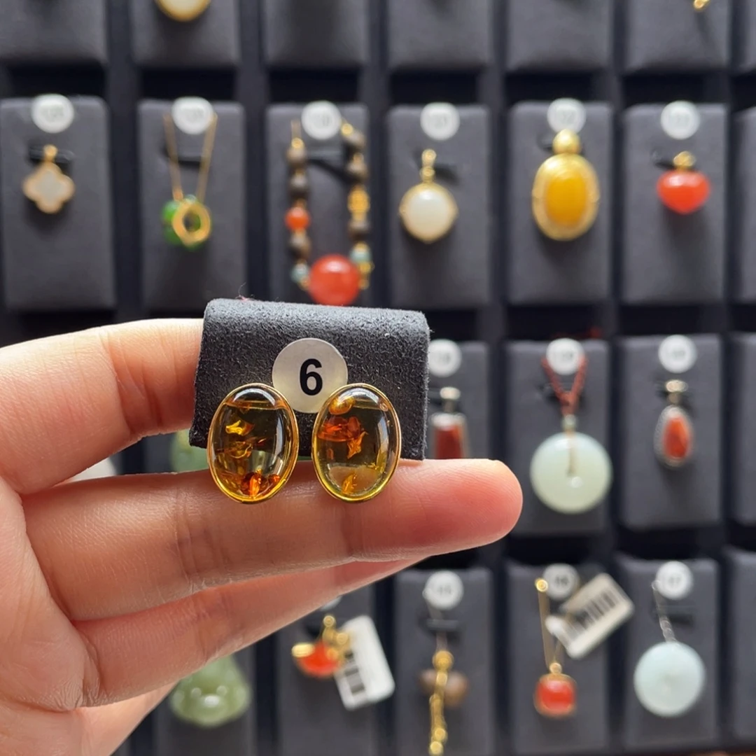 琥珀（花珀）银S925镶嵌耳饰6号