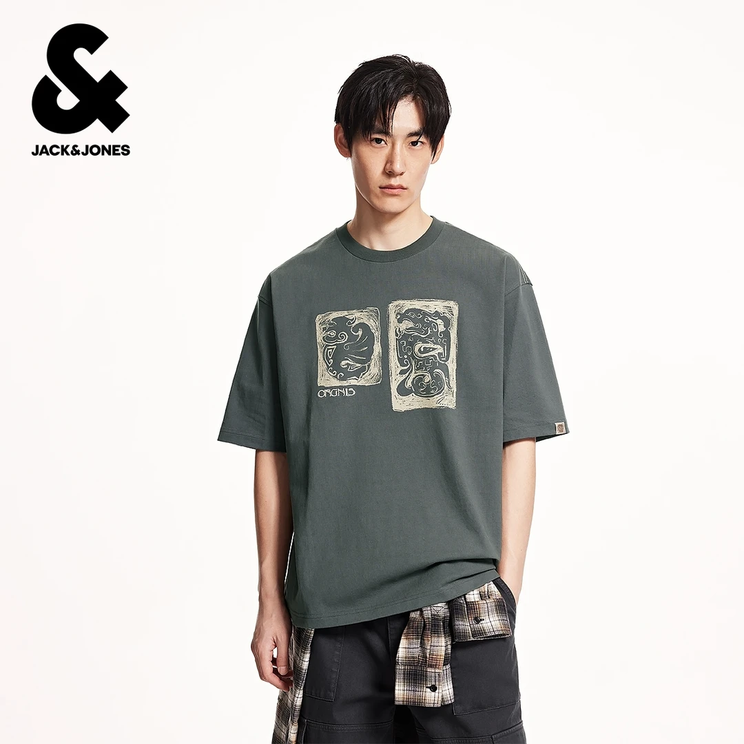 杰克琼斯秋季新款字母LOGO刺绣纯棉舒适日常休闲宽松短袖T恤男装