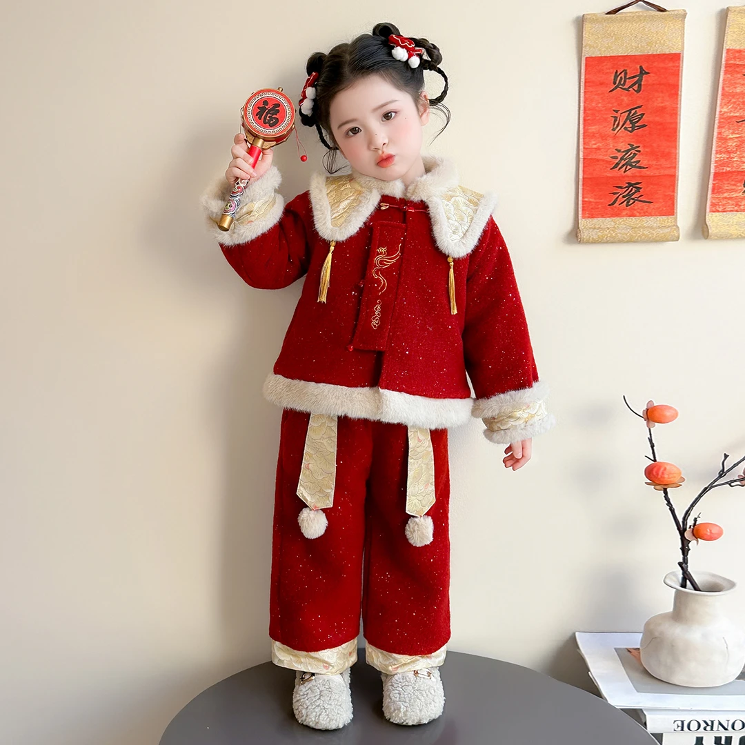 儿童拜年服女童喜庆汉服冬装女孩过年服周岁宝宝礼服套装2025新款