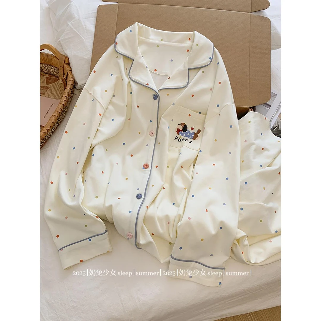 波点腊肠狗少女可爱睡裙女春秋季纯棉休闲卡通开衫中长款居家裙子