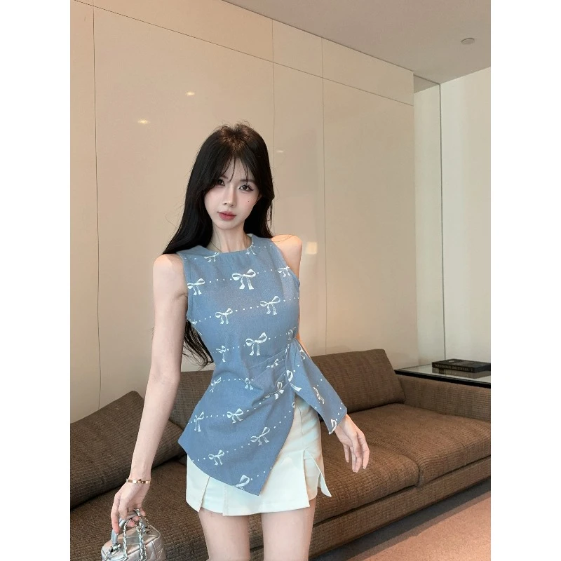 不规则蝴蝶结牛仔吊带背心女2025纯欲辣妹抹胸无袖小上衣泰式绝美