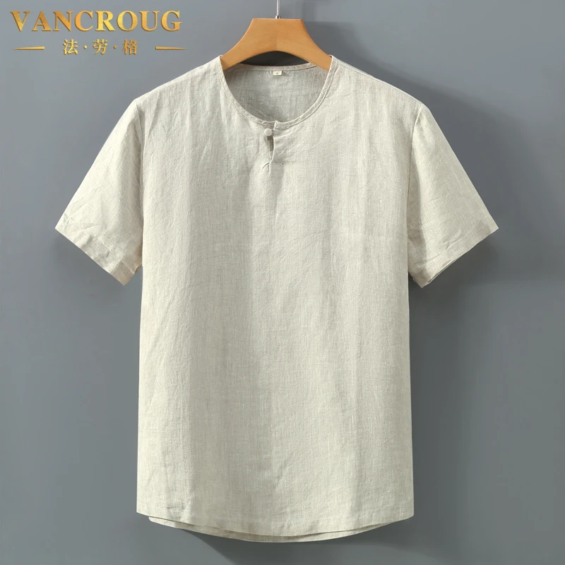 VANCROUG/法劳格短袖T恤男士夏季时尚休闲纯亚麻面料透气凉爽上衣