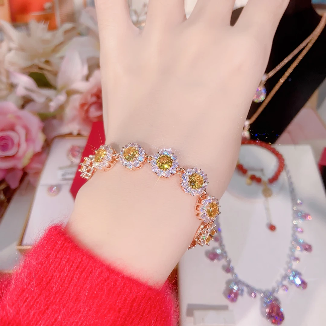 新年纳福有进有赚金丝黄有钱花手链豪镶女神满钻奢华百搭巨闪手链