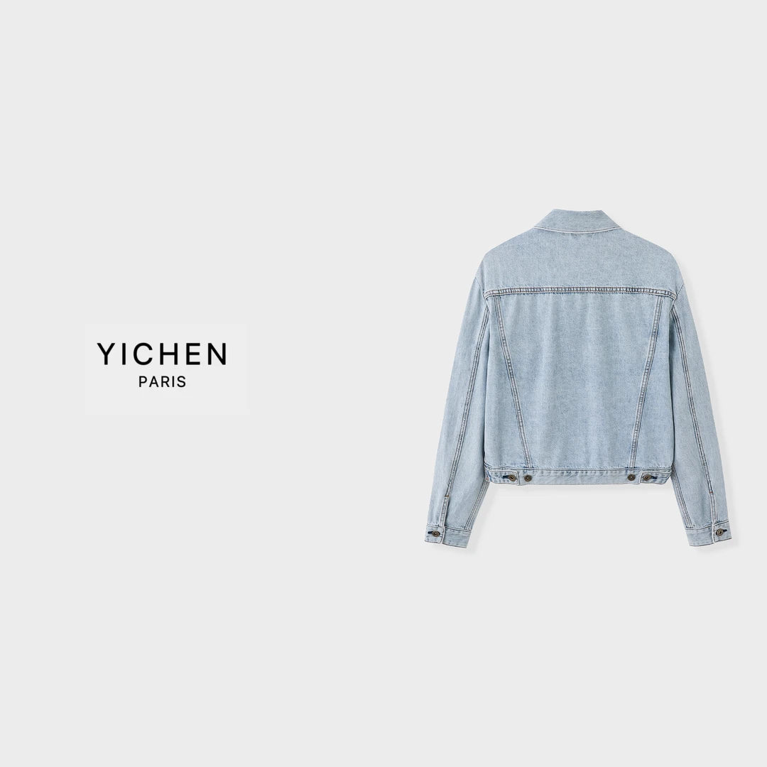 YC 浅蓝色水洗渐变翻领单排扣字母徽标牛仔短外套-1799