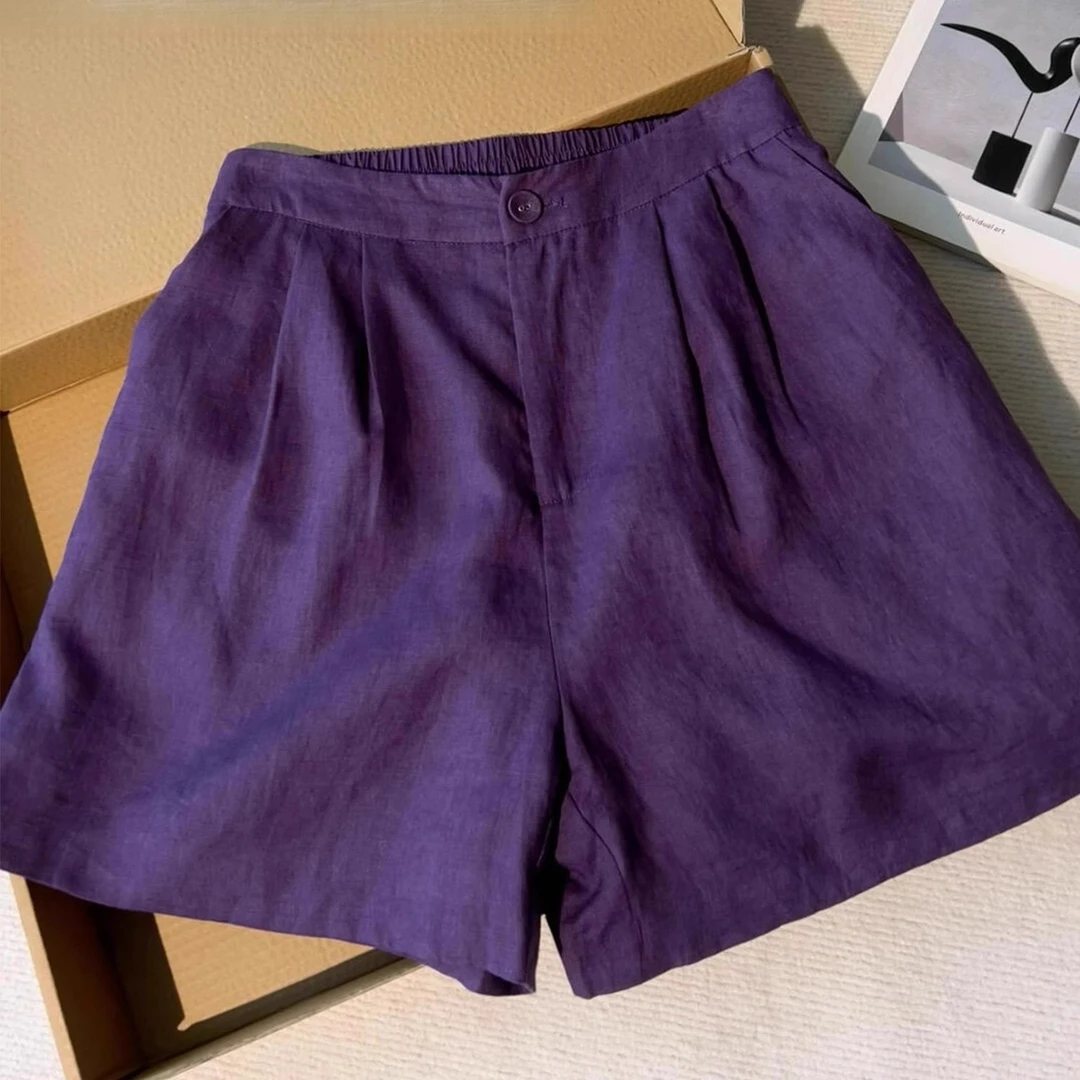 多巴胺紫色松紧腰休闲短裤女夏季新款老钱风宽松百搭A字阔腿裤子