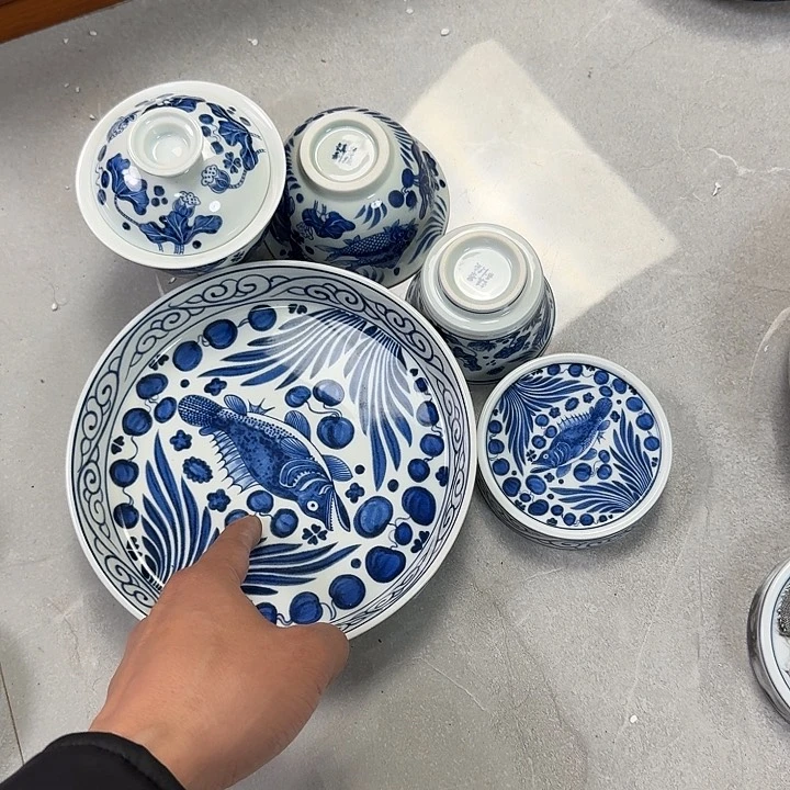 瓷片青花鱼藻纹五件套