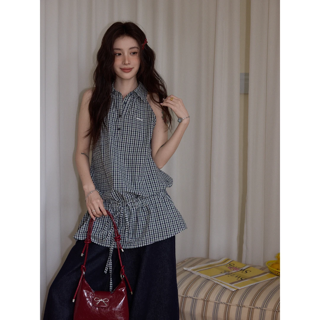 【吵吵小情绪】气质黑白格POLO领无袖衬衫52094