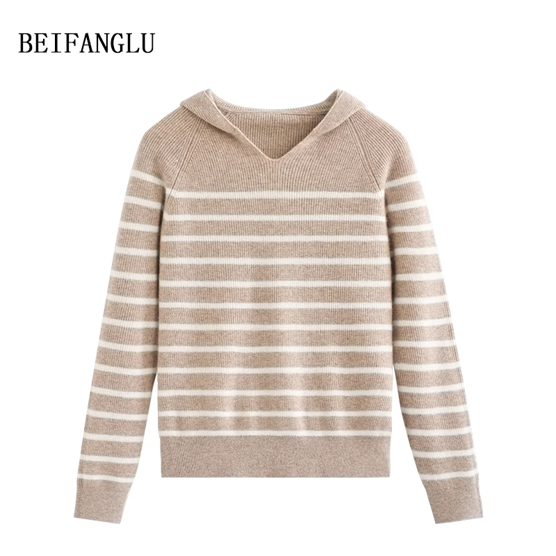 北方鹿 髙货！MORO原色山羊绒早春2025休闲条纹连帽针织衫女26372