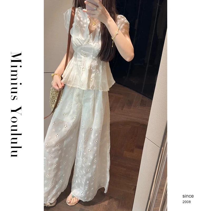 【mimius】七七 清冷仙气法式V领镂空收腰上衣+长裤（正腰） G05587