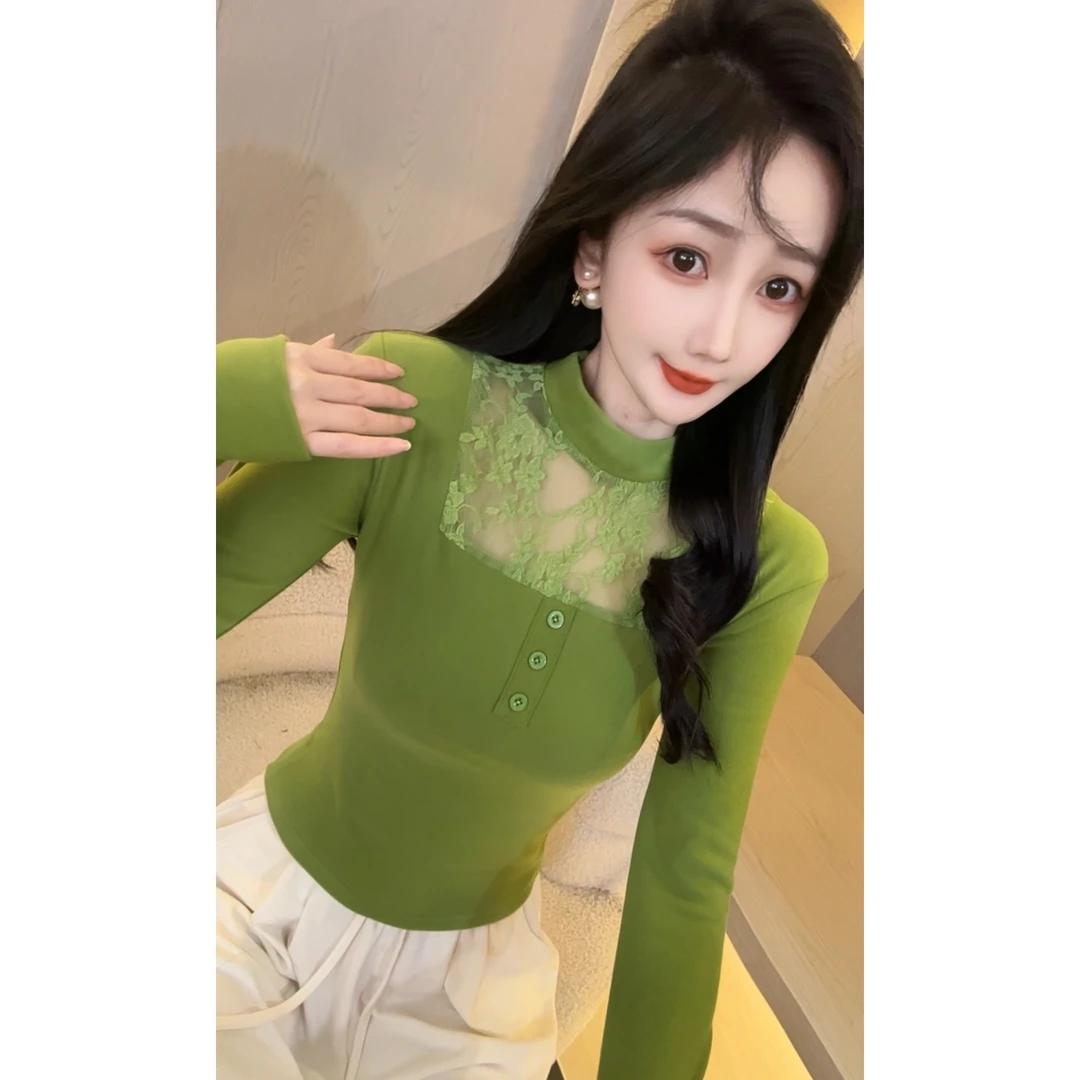 【双面德绒加厚娜哥802】蕾丝领打底衫女长袖内搭秋冬长袖修身保暖