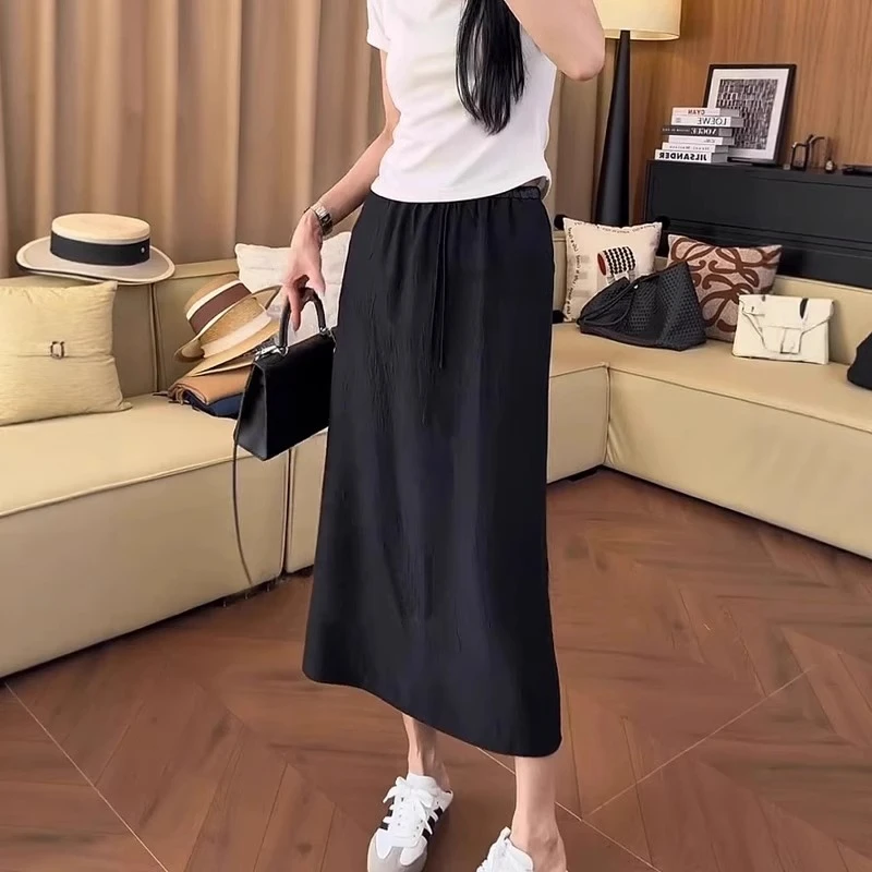 醋酸开叉半身裙女2025夏季新款大码胖mm高腰遮肉显瘦直筒中长裙子