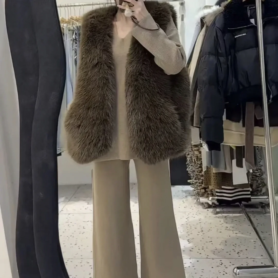 韩系V领宽松仿皮草毛毛马甲女冬季中长款外穿无袖外套三件套套装