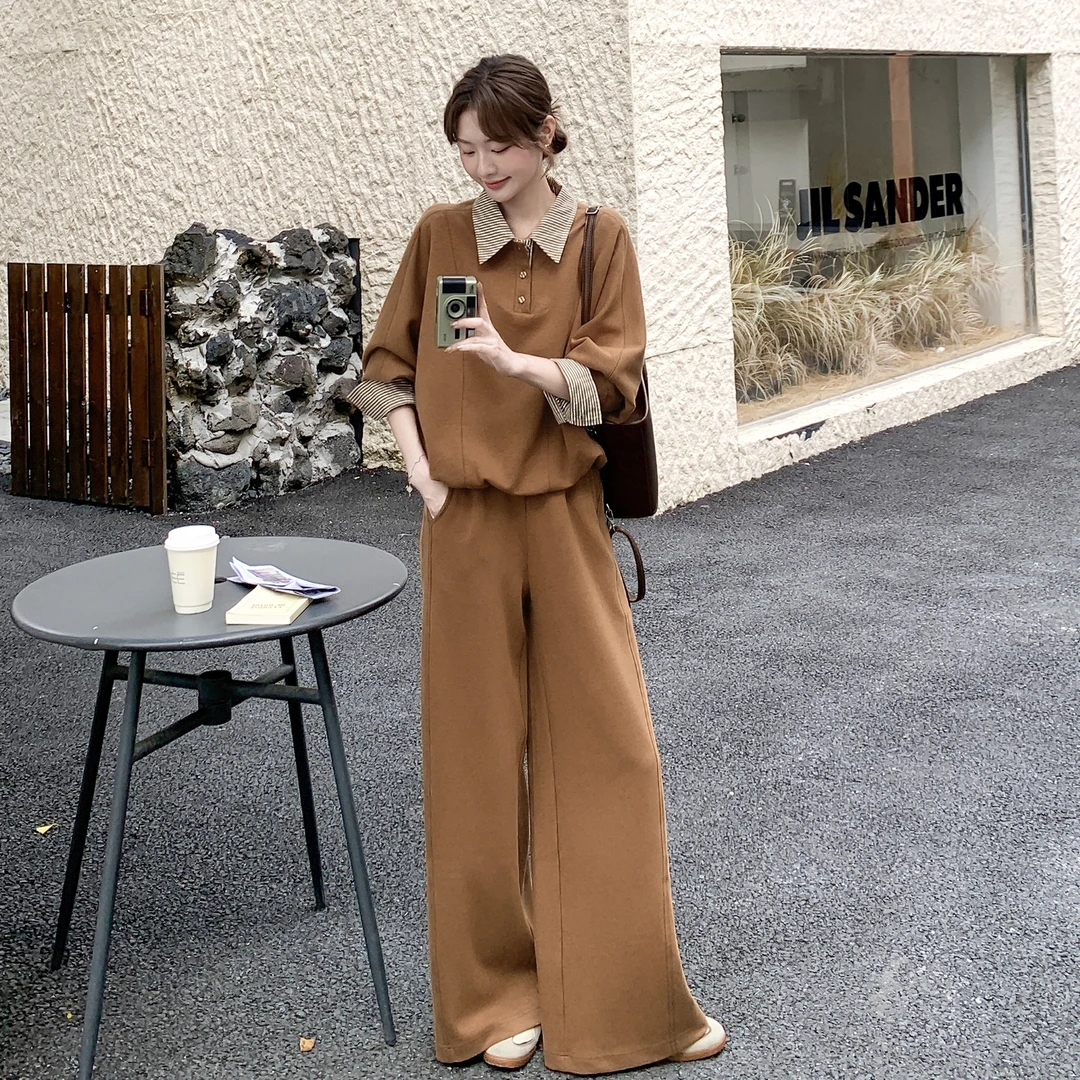 韩系风咖色洋气运动套装女2025秋冬新款时尚小个子阔腿长裤两件套