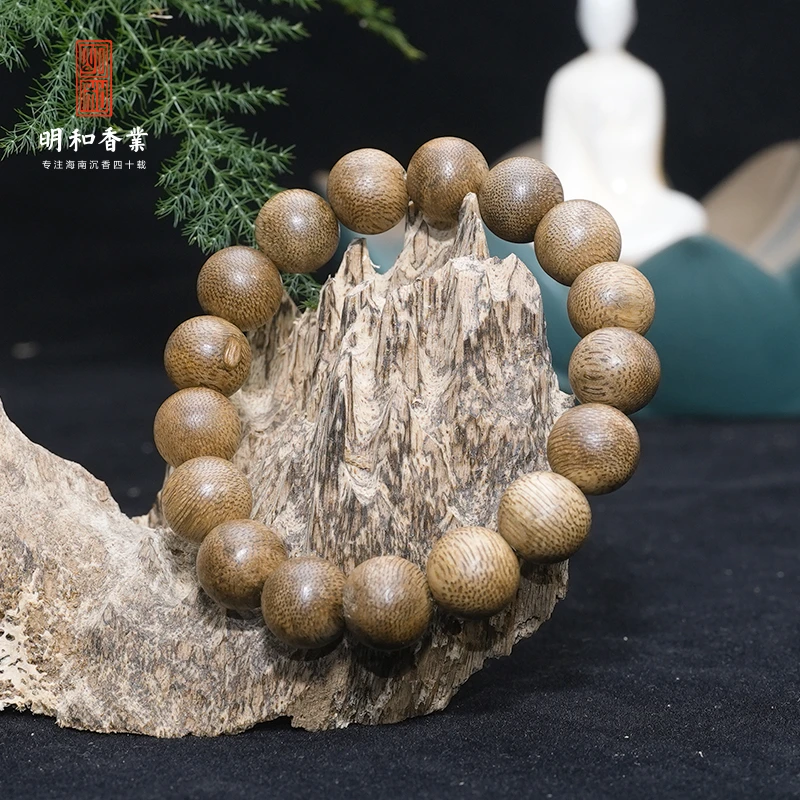 沉香12mm天然野海黄油格圆珠单圈手串沉香手串南产区