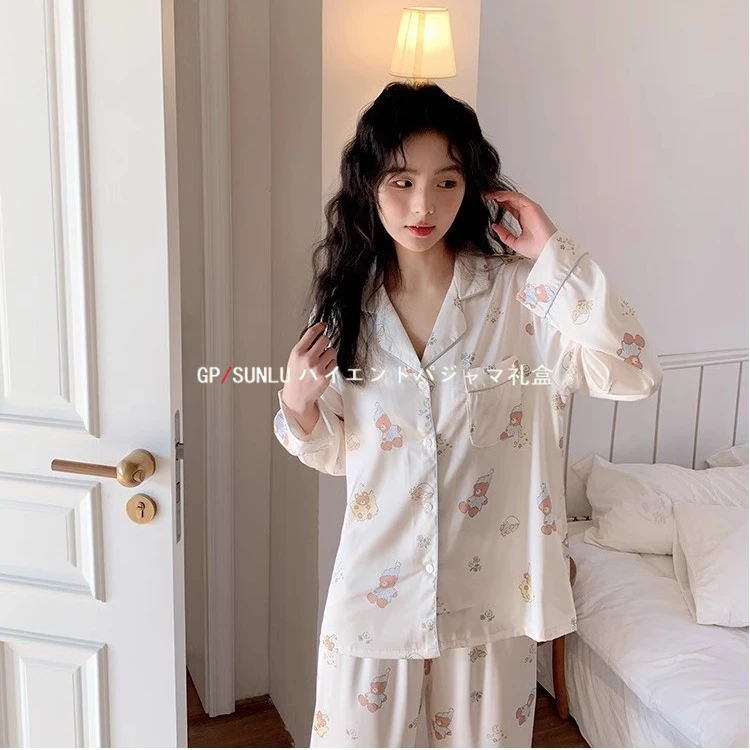 gpsunlu卡通小熊睡衣女薄款冰丝家居服套装甜美可爱春秋季可外穿