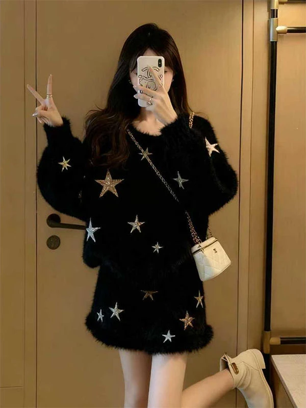 小香风星星毛衣套装女2025新款温柔慵懒风两件套黑色秋冬星星图案
