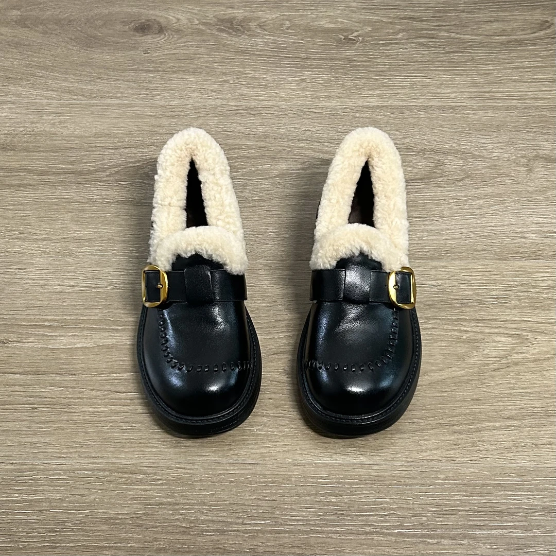 Dannyfrey秋冬新款女皮带扣可调节百搭保暖一脚蹬加绒乐福鞋4CM