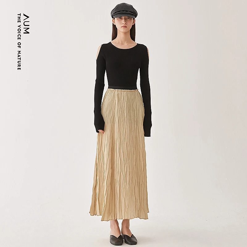 AUM春夏新款欧若智性风流金岁月高智感优雅百褶半身裙MCFZ28002