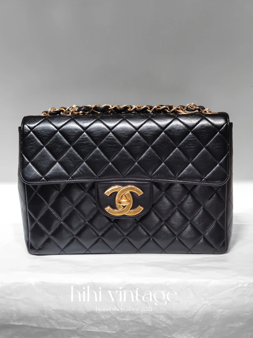 95新 Chanel/香奈儿 黑金羊皮菱格纹贝嫂30 5开 17561951