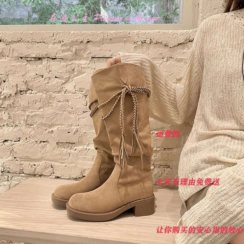 2025秋冬上新埃及靴~流苏粗跟中高筒长靴西部牛仔靴女堆堆瘦瘦靴