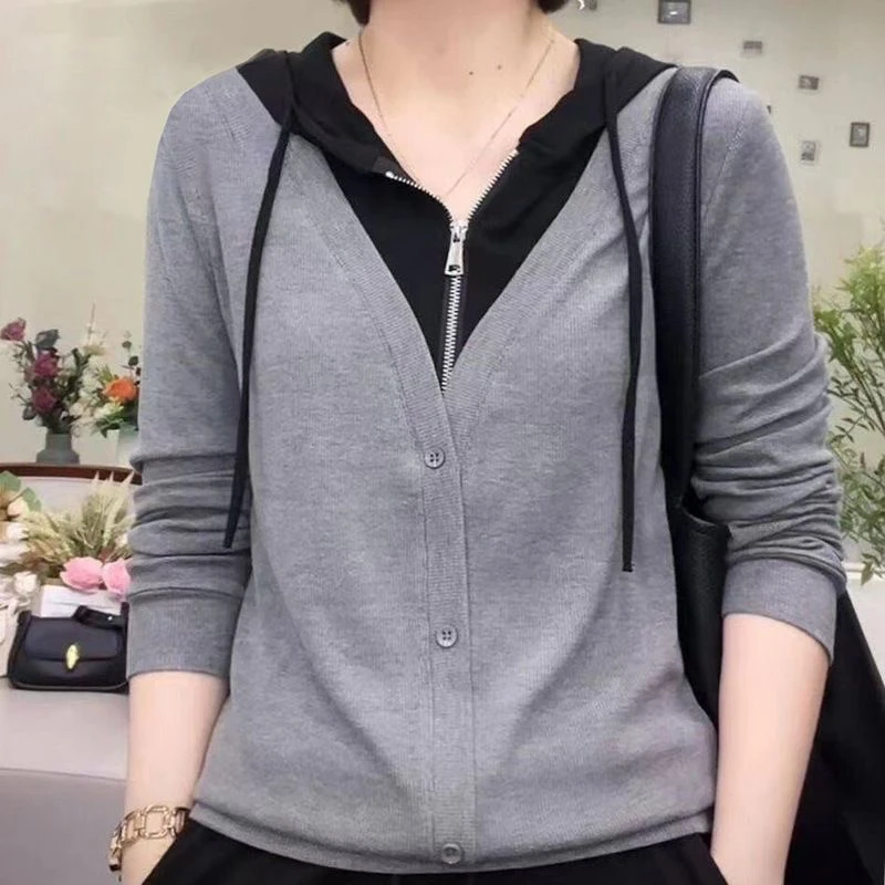 长袖休闲宽松型卫衣女厚款连帽洋气拉链时尚针织薄款
