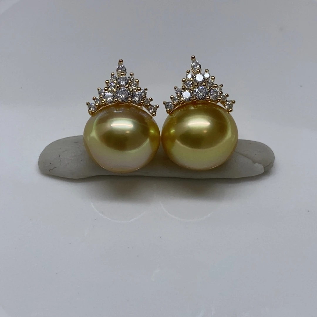 银S925镶嵌耳饰海水珍珠绿茶金12.9-13mm