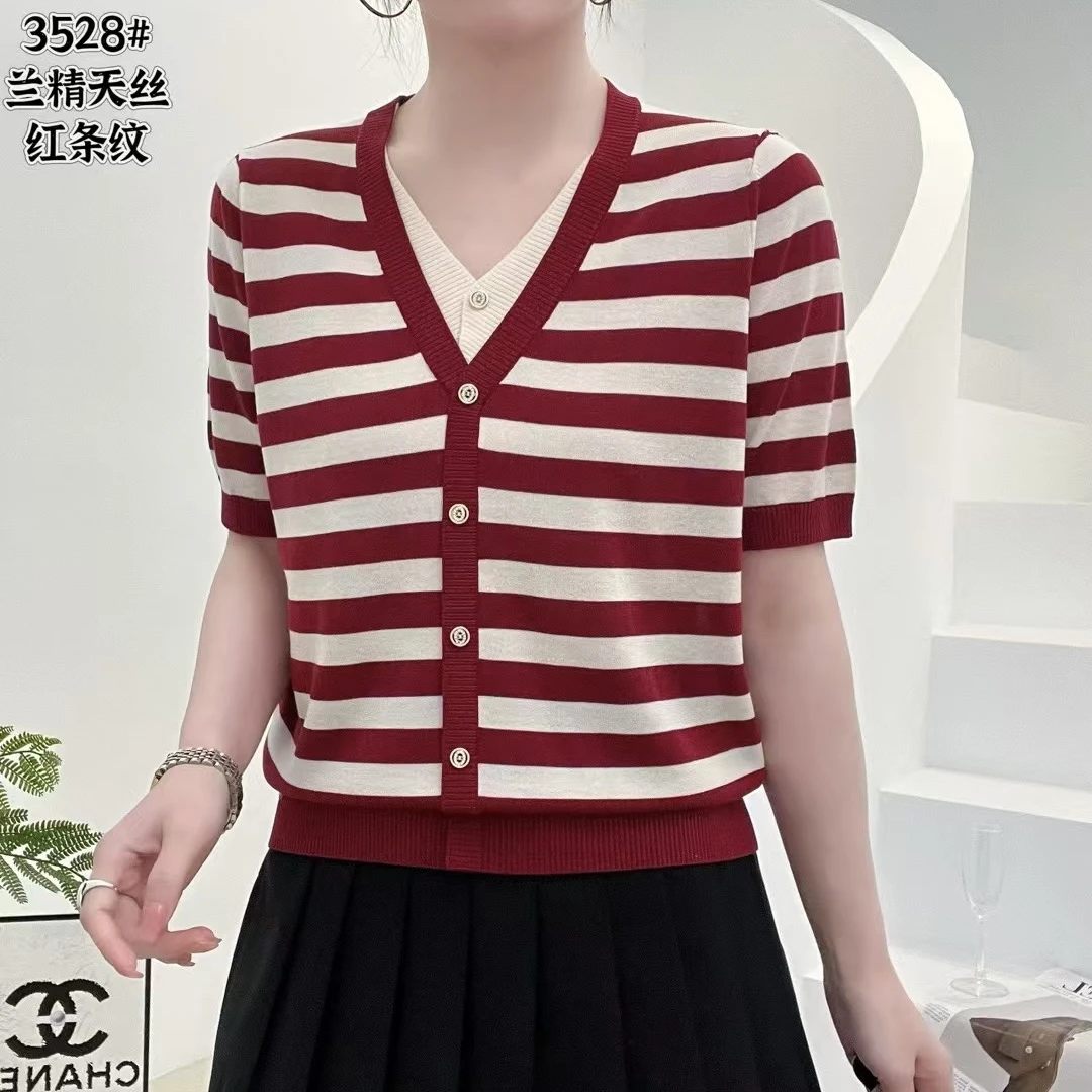 【莱赛尔天丝】妈妈装假两件V领天丝短袖时尚百搭洋气3528