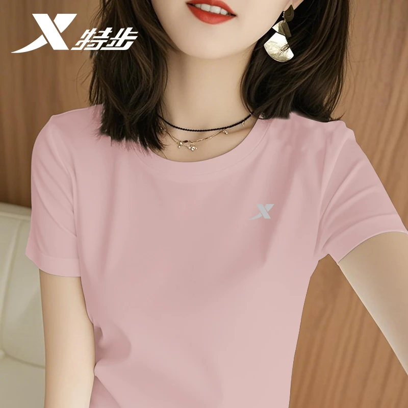 特步正肩t恤女短袖夏季2025年圆领宽松柔软冰丝薄款显瘦运动上衣