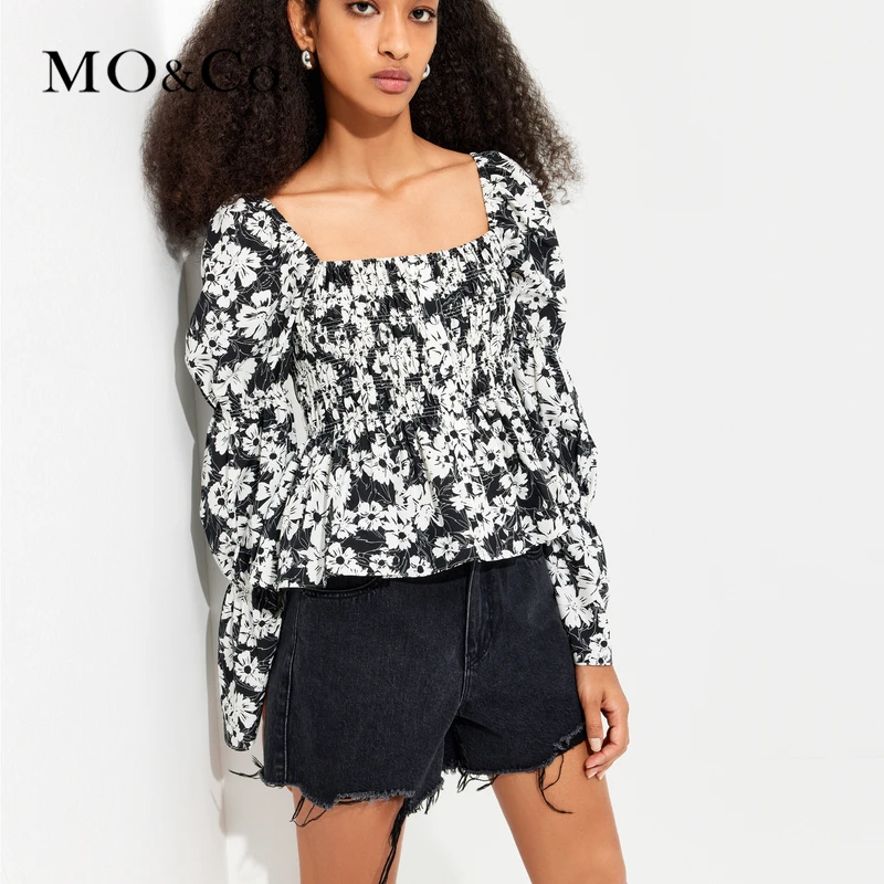 【赵老板专属】MOCO夏桑蚕丝混纺捏褶打揽碎花短款上衣MBC2TOP021