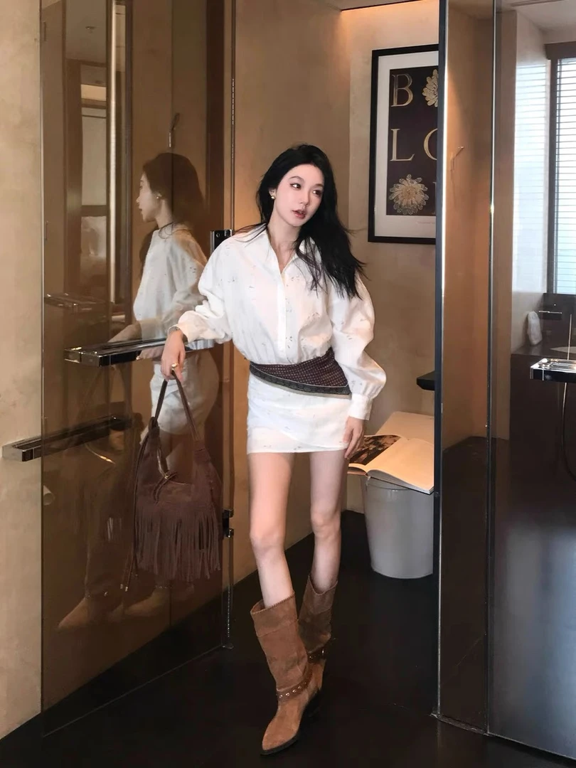 显瘦气质工装风INS风休闲风白色连衣裙长袖设计师小众小香风法式