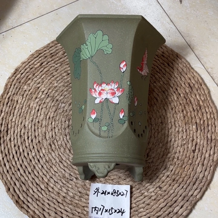 紫砂花盆  超精品果绿荷花彩绘大六方