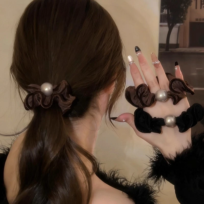韩国东大门高级感木耳边丝绒发圈韩系百搭秋冬贝珠发绳轻奢大肠圈