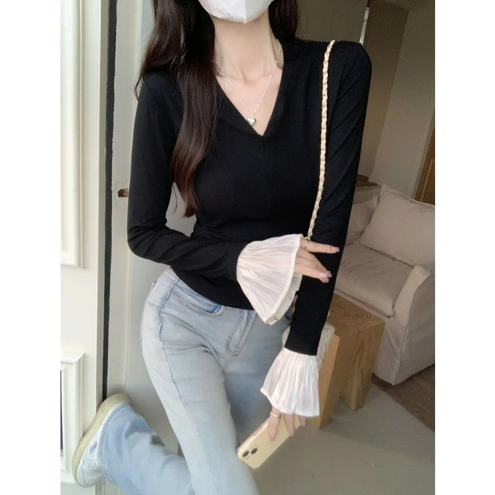 打底衫女蕾丝拼接喇叭袖韩系收腰显瘦百搭法式小众长袖t恤上衣秋