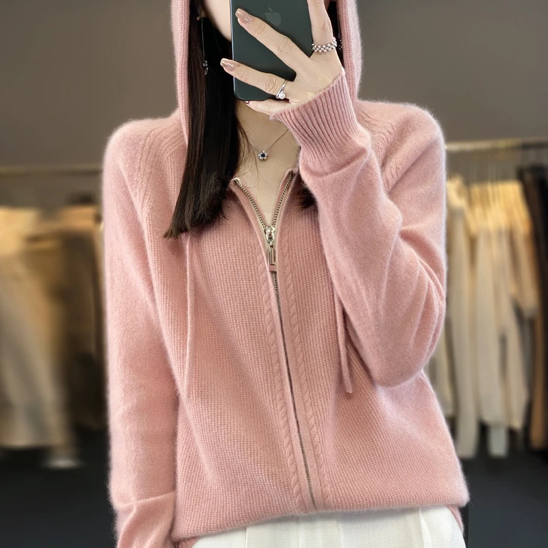 新品上新~2025新款桂花针开衫女100%纯羊毛针织纯色连帽显瘦外套