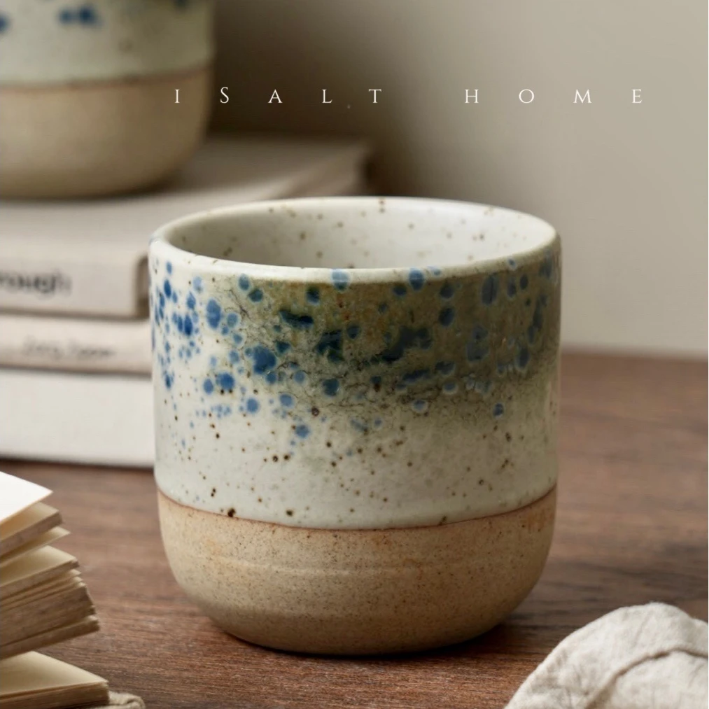 出英国粗陶沙釉蓝眼泪手握杯咖啡拉花杯创意家用下午茶杯子复古