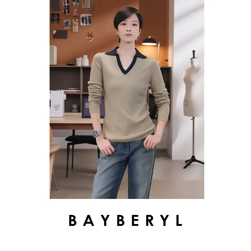 BAYBERYL老贝V字翻领撞色通勤修身羊毛25秋针织衫ZZS5H0503-8/7