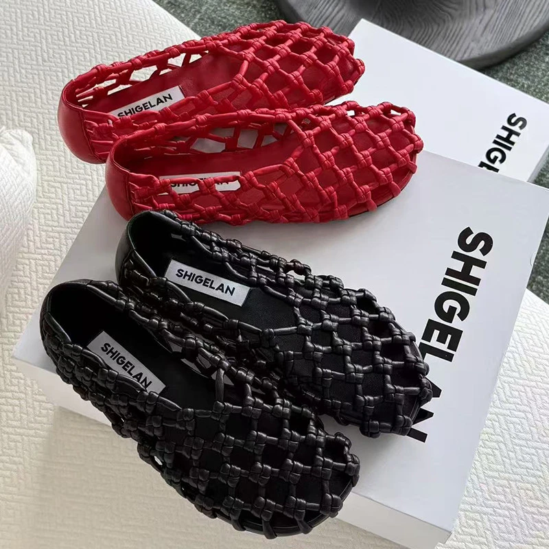 DR官方正品2025夏季新款时尚真皮编织渔网绳结网面鞋女懒人单鞋潮