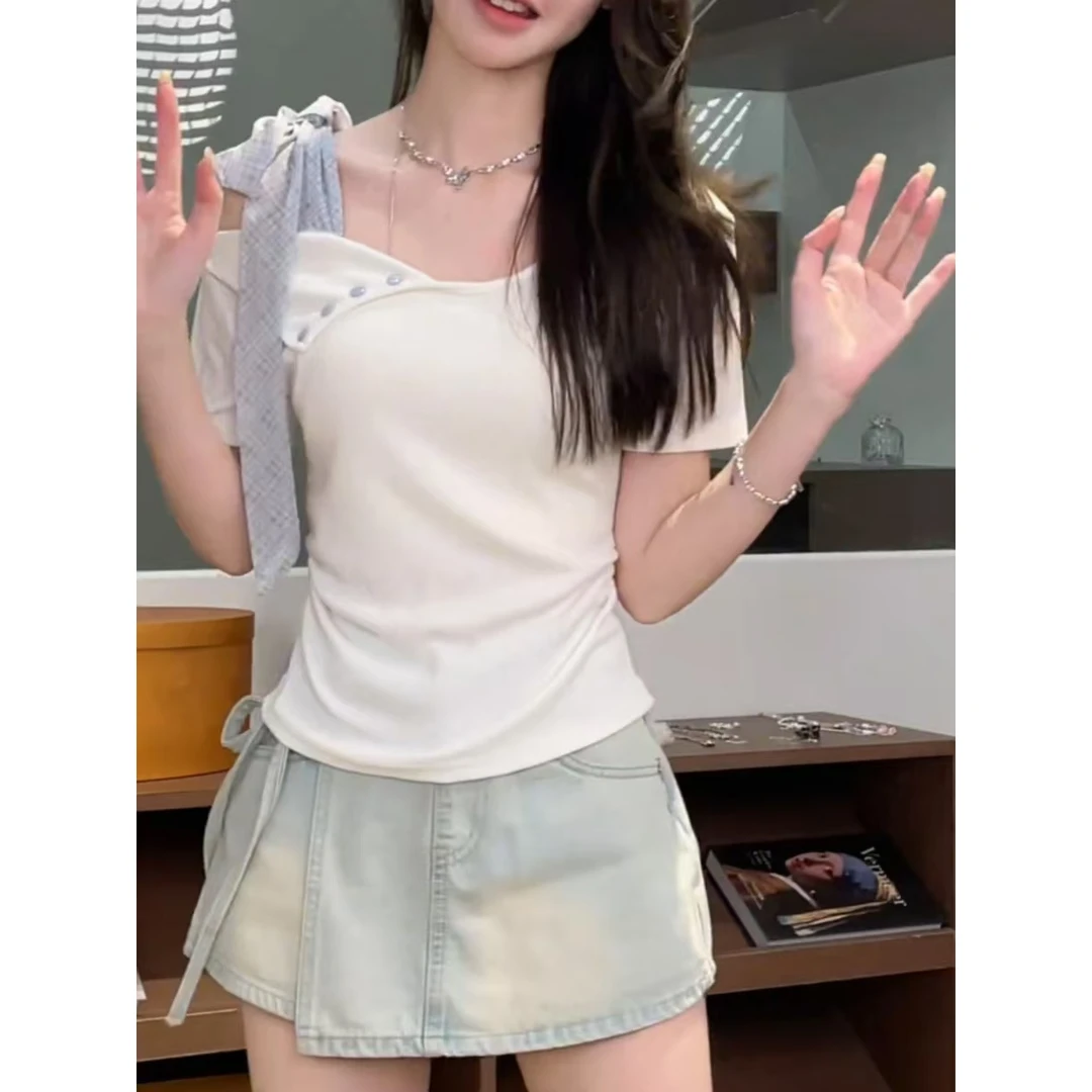 法式芭蕾风露肩吊带短袖t恤女夏高级感小个子修身显瘦短款底上衣