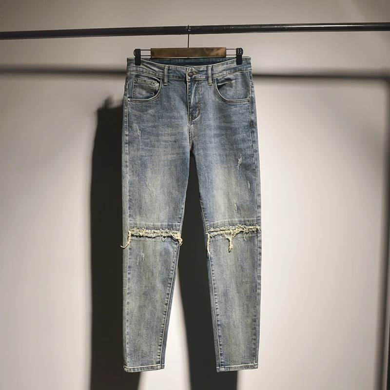 DeweLvum潮流一字补丁九分牛仔裤男款秋冬猫须弹力修身小脚裤男装