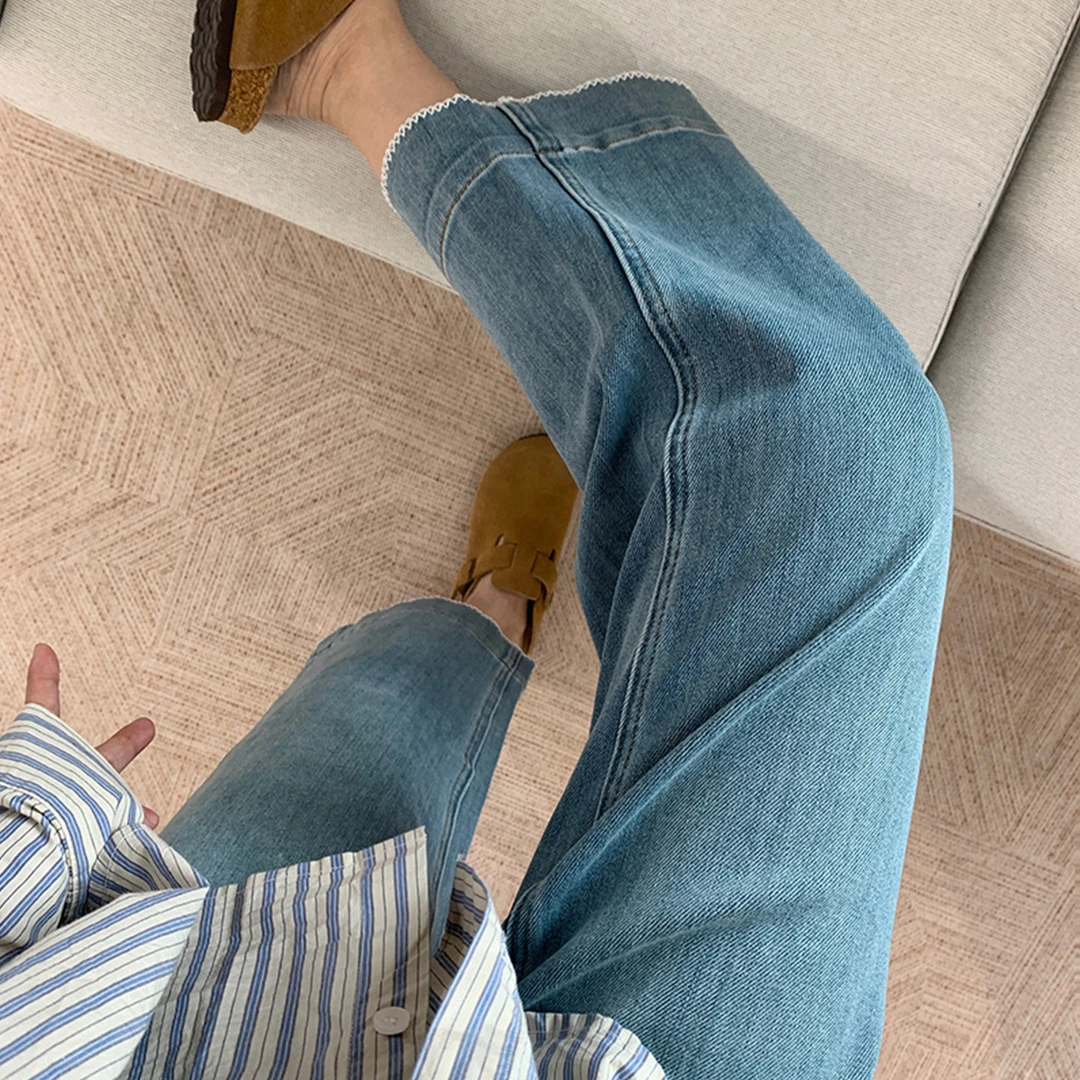 小个子韩系花边高腰显瘦直筒牛仔裤女秋季身材弹力简约百搭九分裤