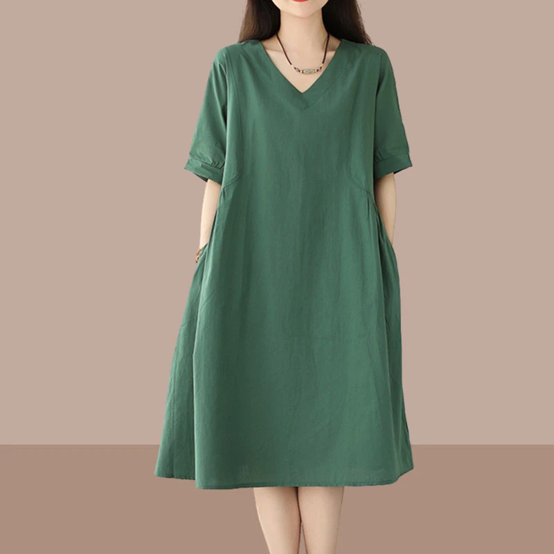 短袖夏装2025时尚新款女韩版宽松大码文艺纯色V领褶皱大摆连衣裙
