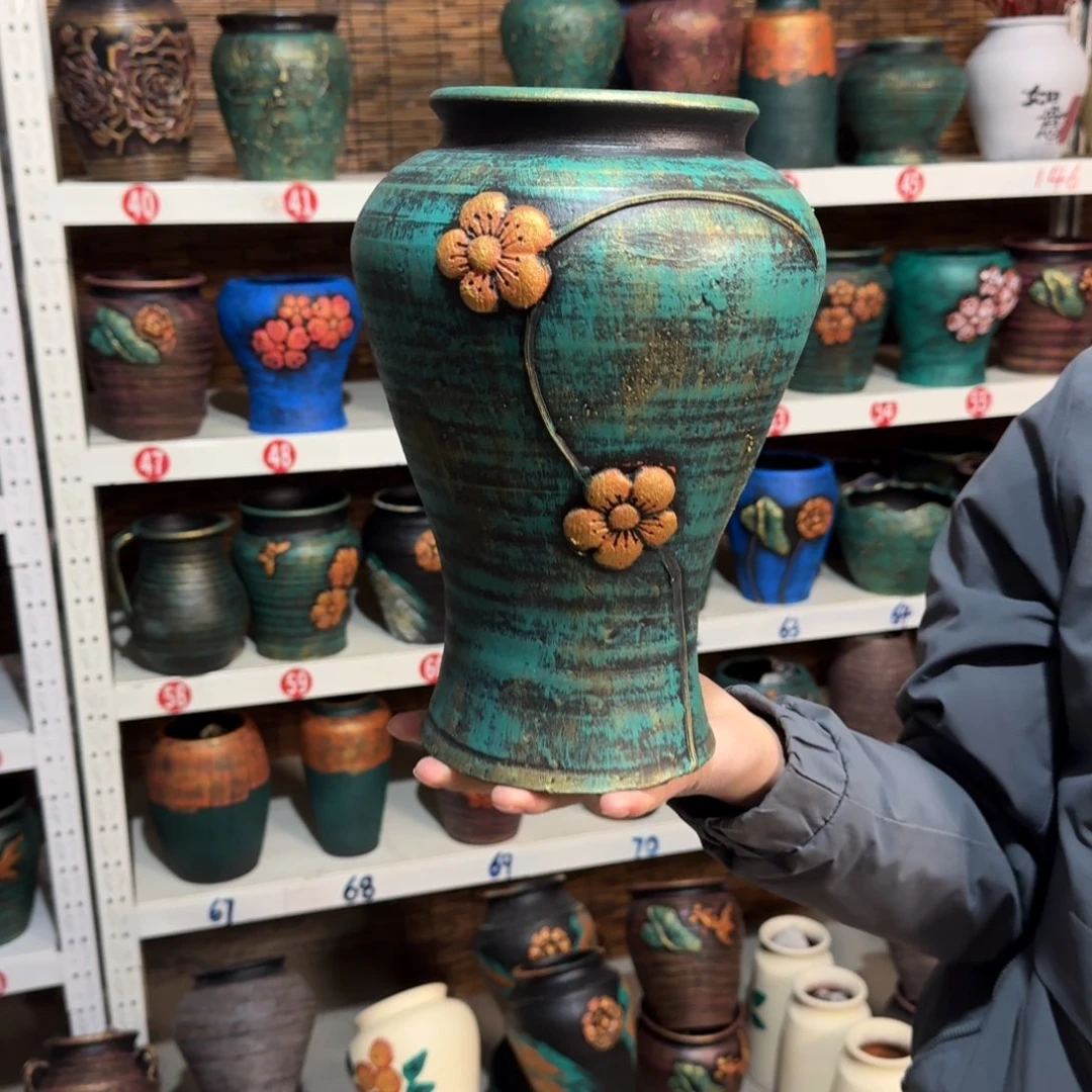 红陶红陶浮雕花盆炸炸炸