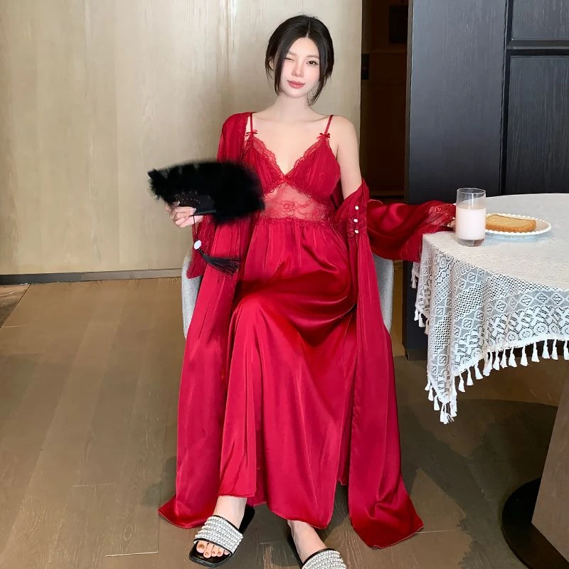 春夏季冰丝睡裙女士性感婚礼新娘伴娘红色本命年带胸垫睡衣家居服