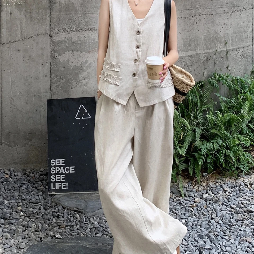 卡其色气质马甲套装女2025夏季新款韩系高腰休闲阔腿裤两件套